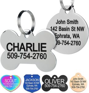 GoTags Stainless Steel Pet ID Tags, Personalized Dog Tags and Cat Tags, up to 8 Lines of Custom Text, Engraved on Both Sides, in Bone, Round, Heart, Bowtie and More (Dog Bone, Regular