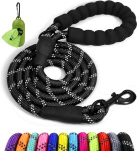 Taglory Rope Dog Leash 6 FT with Comfortable Padded Handle, Highly Reflective Threads Leash for Medium Large Dogs, 1/2 inch, Black